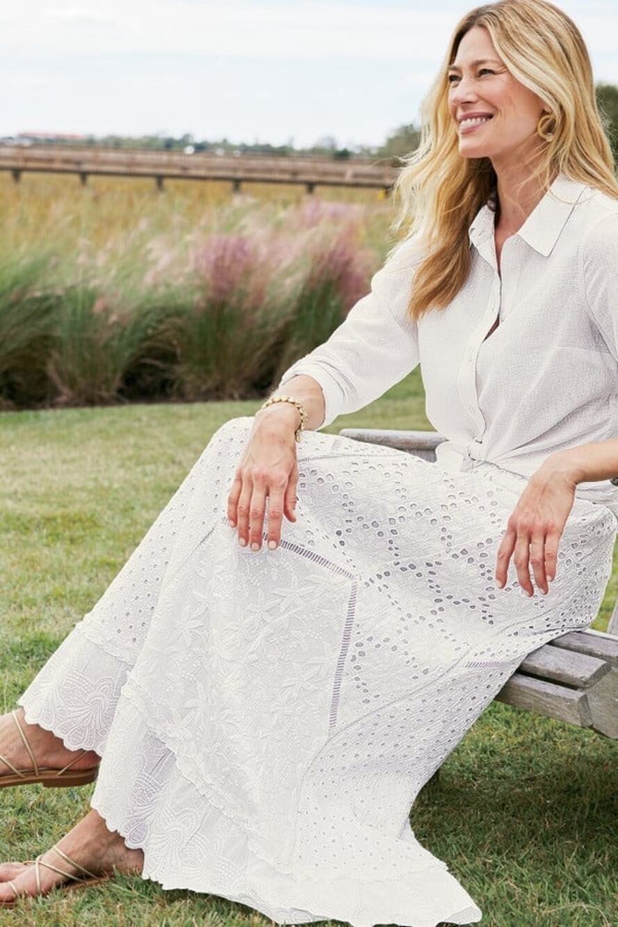 Soft Surroundings Porfiria Skirt White Eyelet Boho Embroidered Midi Coastal Med